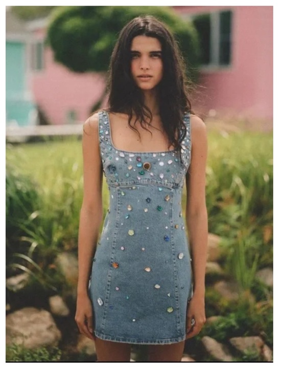 Zara Dresses & Skirts - Zara Denim Mini Dress with Multicolor Gem Embellishments